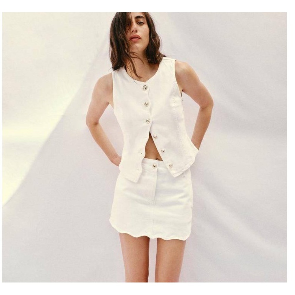 Zara XL White Denim Two Piece Set Scalloped Skort and Button Vest Clean Girl